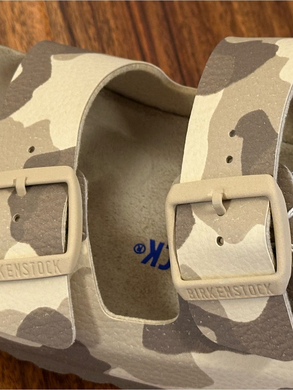 Birkenstock Camo Buckle Sandals in Tan, Brown, and Cream
